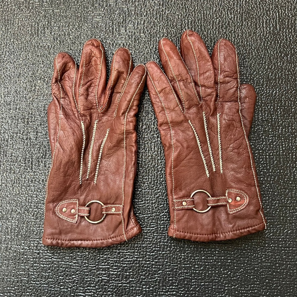 VTG Womens Leather Gloves Brown Buckle‎ Lined Winter Warm Quiet Luxury Academia